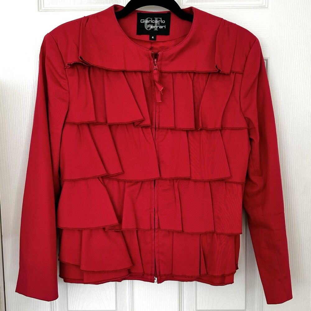 Giancarlo Ferrari Vintage Red Ruffle Zip Jacket Cotton Blend Sz 4 Satin Lined